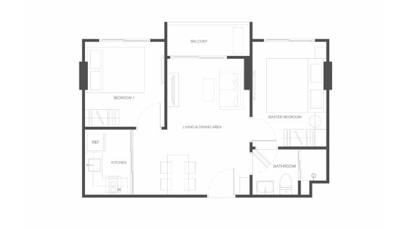 Apartment floor plan, 2 bedrooms in Rhea No. 11008 (2D)
